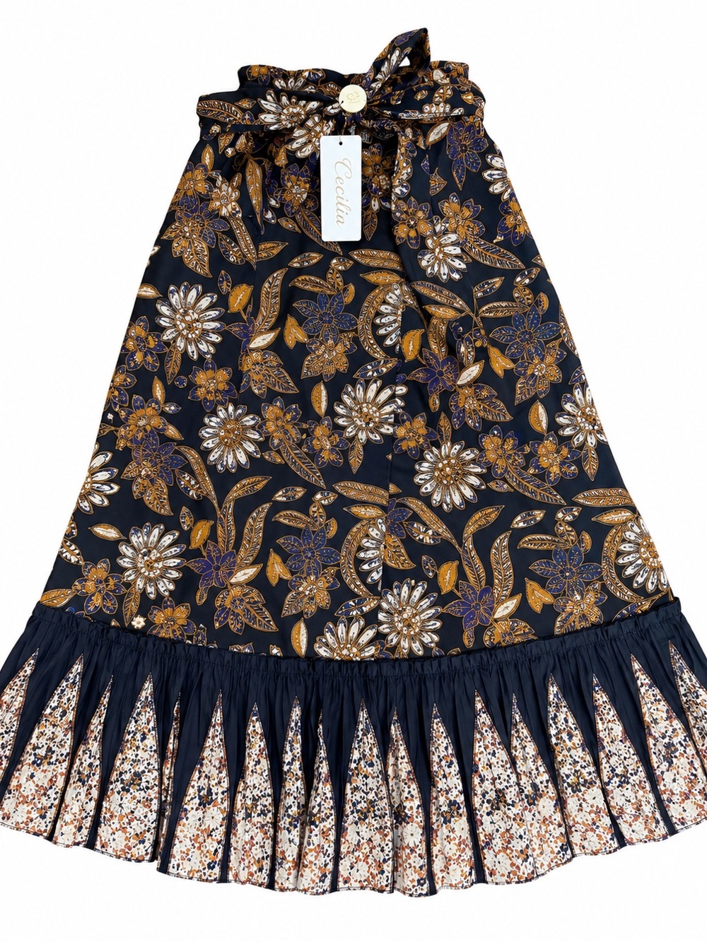 Cleobella Navy Floral Print Midi Skirt with Gold Accents